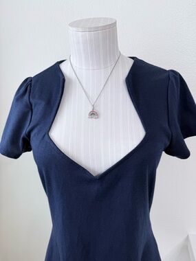 Rock Steady By Steady-Sophia Angular Sweetheart Short Sleeve Top -Navy Blue-Lg